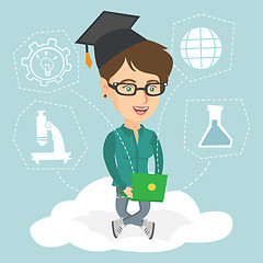 Image showing Young caucasian graduate sitting on the cloud.