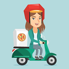 Image showing Caucasian woman delivering pizza on scooter.