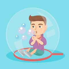 Image showing Caucasian boy sitting inside a big soap bubble.