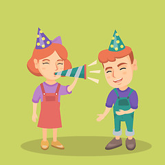 Image showing Children celebrating birthday with a party pipe.