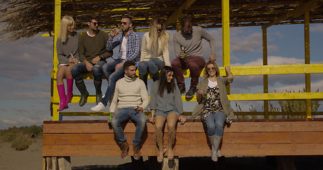 Image showing Group of friends having fun on autumn day at beach