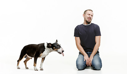 Image showing Emotional Portrait of a man and his Bull Terrier dog, concept of friendship and care of man and animal