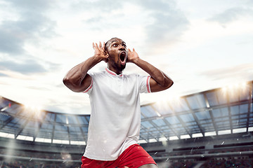 Image showing The football player in motion on the field of stadium