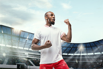 Image showing The football player in motion on the field of stadium