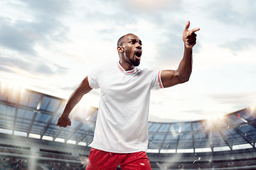 Image showing The football player in motion on the field of stadium