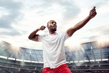 Image showing The football player in motion on the field of stadium