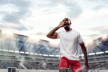 Image showing The football player in motion on the field of stadium