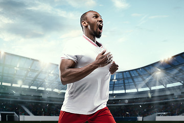 Image showing The football player in motion on the field of stadium