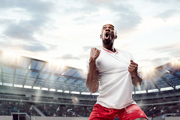 Image showing The football player in motion on the field of stadium