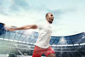 Image showing The football player in motion on the field of stadium