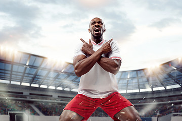 Image showing The football player in motion on the field of stadium