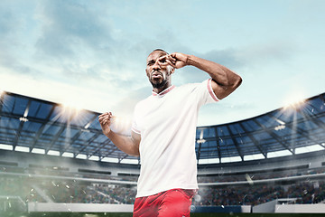 Image showing The football player in motion on the field of stadium