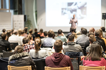 Image showing Business speaker giving a talk at business conference event.