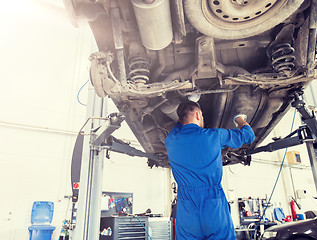 Image showing mechanic man or smith repairing car at workshop