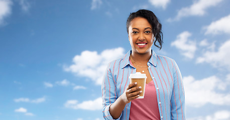 Image showing happy african american woman drinking coffee