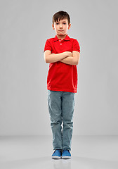 Image showing sad boy in red polo t-shirt with crossed arms