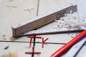 Image showing Ceramic tiles and tools for tiler