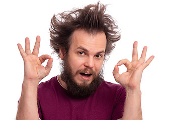 Image showing Crazy bearded man emotions and signs