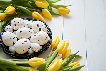 Image showing Beautiful yellow tulips with dotted quail and chicken eggs in nest on white