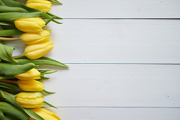 Image showing Row of fresh Yellow tulips on white wooden table