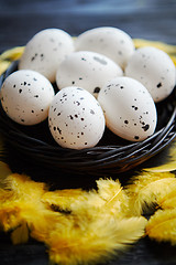 Image showing Whole Chicken eggs in a nest on a black rustic wooden background. Easter symbols