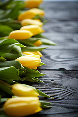 Image showing Composition of fresh yellow tulips placed in row on black rustic wooden table