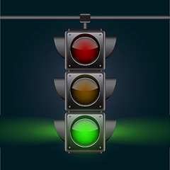 Image showing Realistic traffic lights with green lamp on, hanging in night sky.