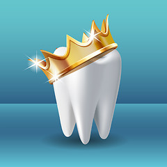 Image showing Realistic white Tooth in golden crown. Tooth care dental medical stomatology vector icon.