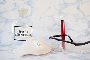 Image showing Ethanol in a bottle, protecting mask, blood analysis and glasses