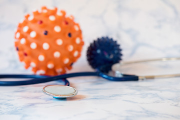 Image showing Medical stethoscope or phonendoscope over light blue background