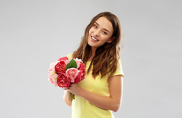 Image showing young woman or teenage girl with flower bouquet