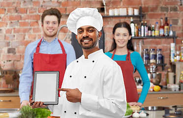 Image showing indian chef with tablet computer at cooking class