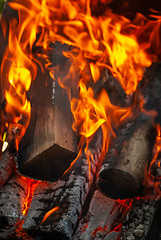 Image showing Burning wood in open fire place. Close up background.