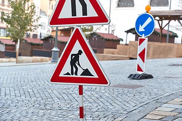 Image showing Urban construction site with warning signs