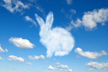 Image showing Shape of fluffy cloud Easter bunny on a cloudy sky blue background.