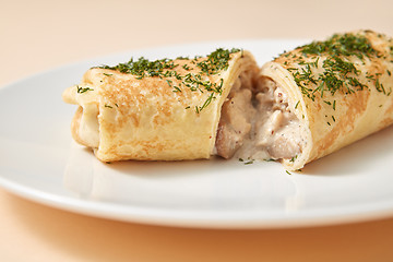 Image showing Close-up rolled pancake with filling from chicken and mushroom.