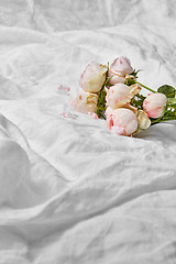 Image showing Bouquet of tender pink roses flowers on a crumpled bed sheet.