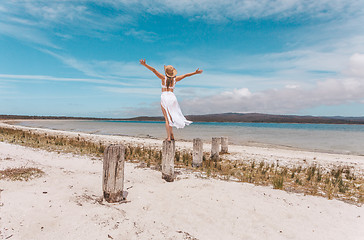 Image showing Female joy freedom live life to the full travel beach concept