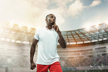 Image showing The football player in motion on the field of stadium