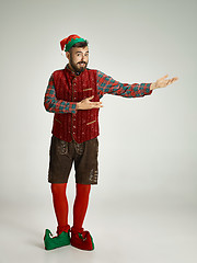 Image showing friendly man dressed like a funny gnome posing on an isolated gray background