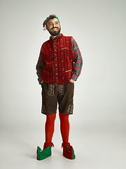 Image showing friendly man dressed like a funny gnome posing on an isolated gray background