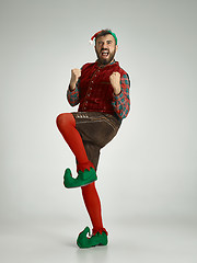 Image showing friendly man dressed like a funny gnome posing on an isolated gray background