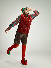 Image showing friendly man dressed like a funny gnome posing on an isolated gray background