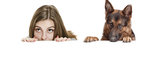 Image showing Woman with her dog over white background