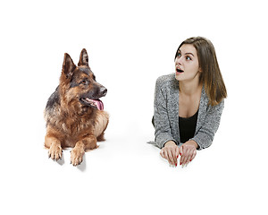 Image showing Woman with her dog over white background