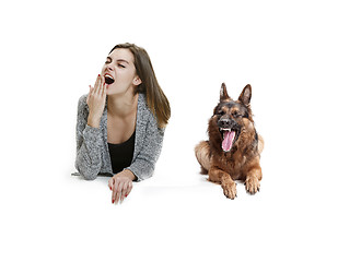 Image showing Woman with her dog over white background