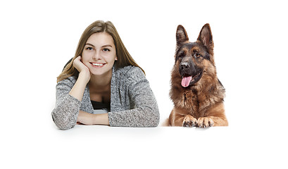 Image showing Woman with her dog over white background