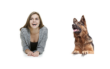 Image showing Woman with her dog over white background