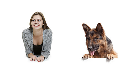 Image showing Woman with her dog over white background