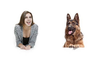 Image showing Woman with her dog over white background